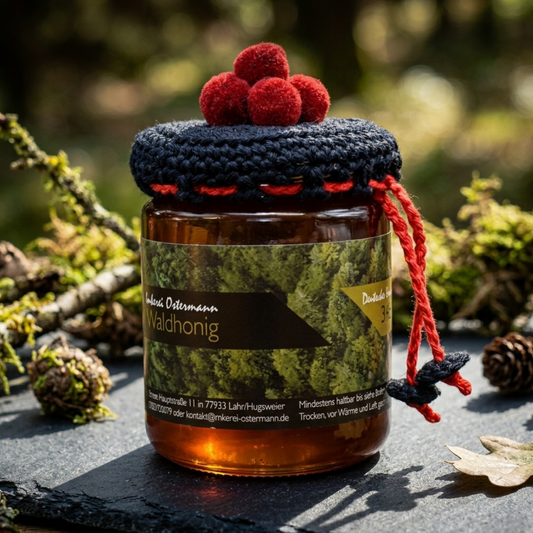 Echter Schwarzwälder Honig im Glas mit gehäkeltem Bollenhut Häubchen als Geschenkidee