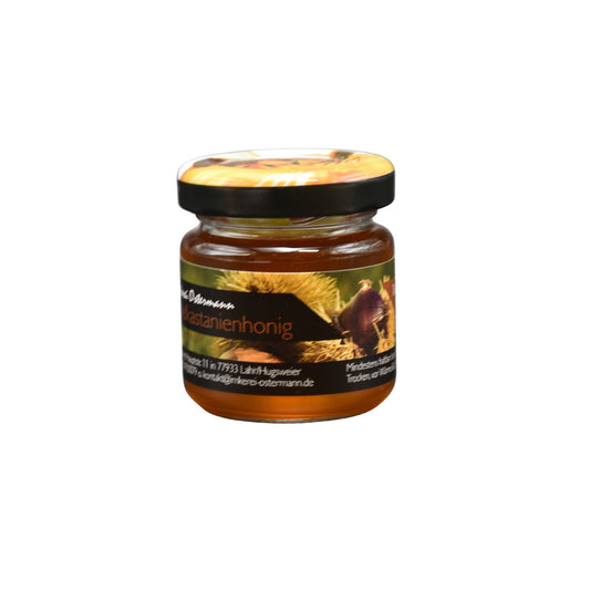 Dunkler, herber Edelkastanienhonig im 50g Mini-Glas der Imkerei Ostermann – ein kräftiges Gastgeschenk für Genießer.