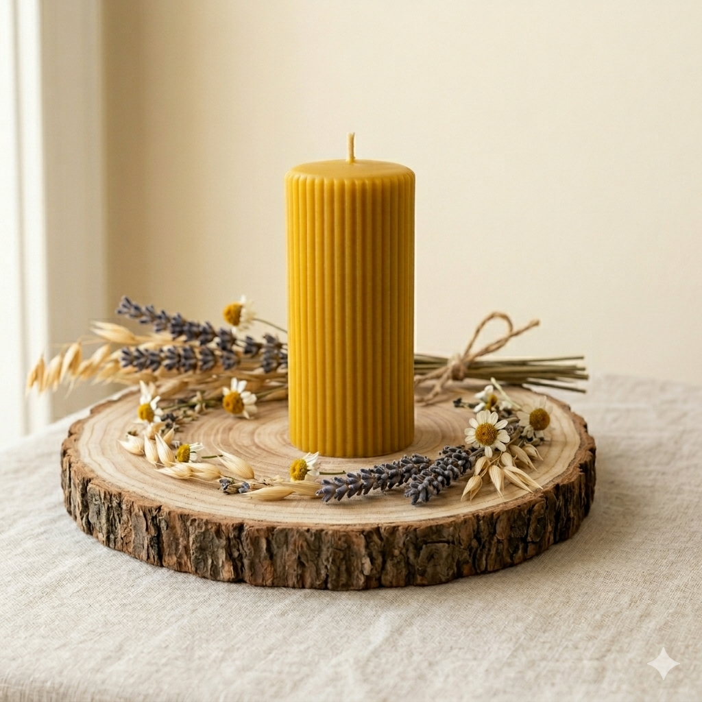 Eine gelbe, geriffelte Bienenwachskerze auf einer runden Holzscheibe mit Rinde, umgeben von getrocknetem Lavendel, Gänseblümchen, Weizen und Kräutern, alles auf einer Leinentischdecke.