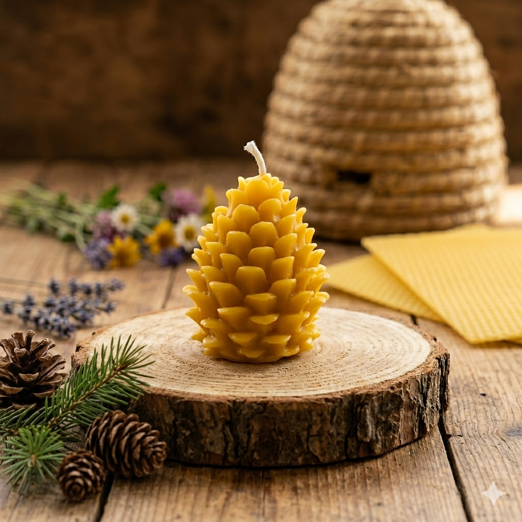 Handgemachte Bienenwachskerze in Tannenzapfen-Form, stehend auf einer rustikalen Holzscheibe, umgeben von einem traditionellen Stroh-Bienenkorb, Lavendel, Wiesenblumen und Bienenwachsplatten in einer warmen Holzumgebung.