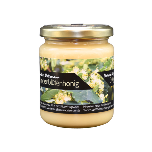 Lindenblütenhonig im 340g Glas aus nachhaltiger Bienenhaltung in Lahr-Hugsweier, naturbelassen und handabgefüllt von der Imkerei Ostermann.