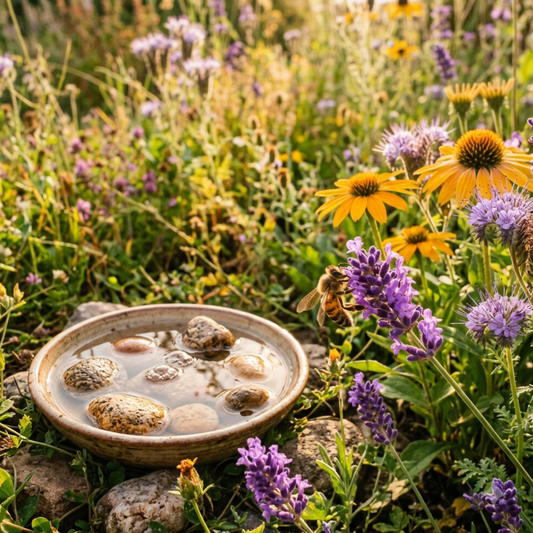 Wasserschale mit Steinen für Bienen in einem Blumenfeld. Auf einer Blüte sitzt eine Biene. 