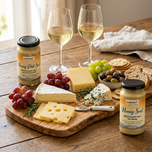 Käseplatte mit Honig-Senf und zwei Gläsern Weißwein