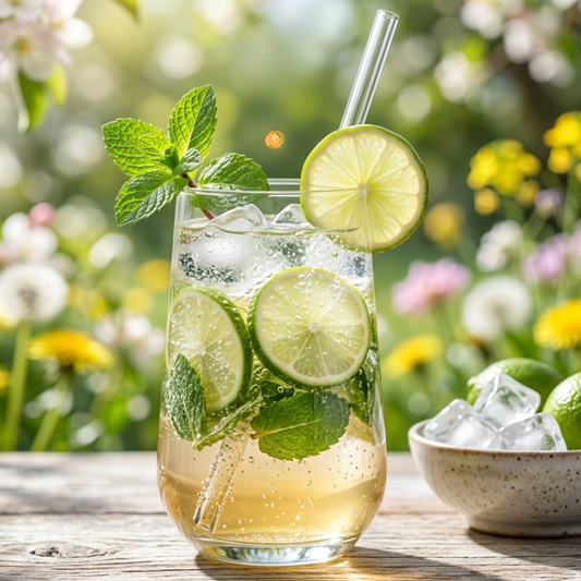 Honig-Limetten-Spritz in einem Glas mit Eiswürfel und Limetten und Glasstrohhalm auf einem Holztisch im Garten.