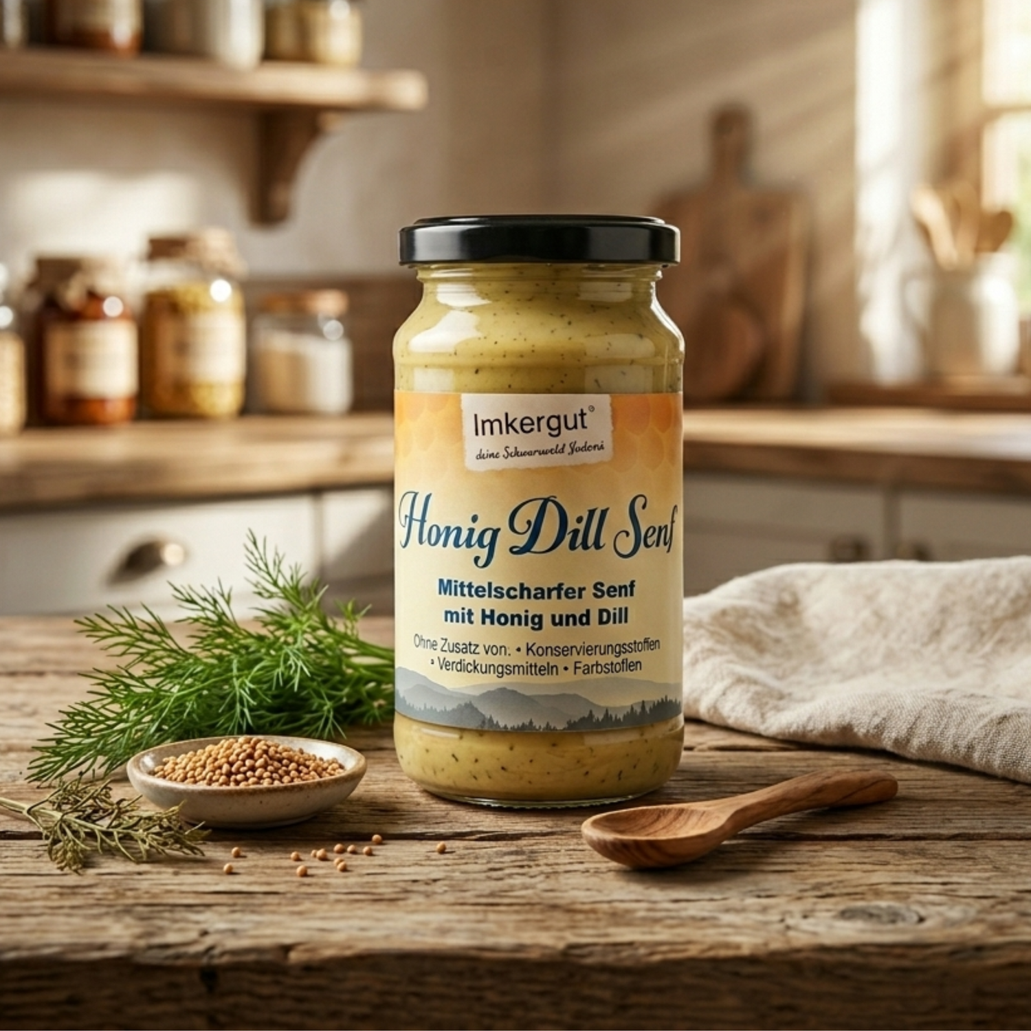 Honig-Dill-Senf auf einem Holztisch mit Dill und Senfkörnern daneben als Deko. Im Hintergrund ist eine Küche zu sehen.