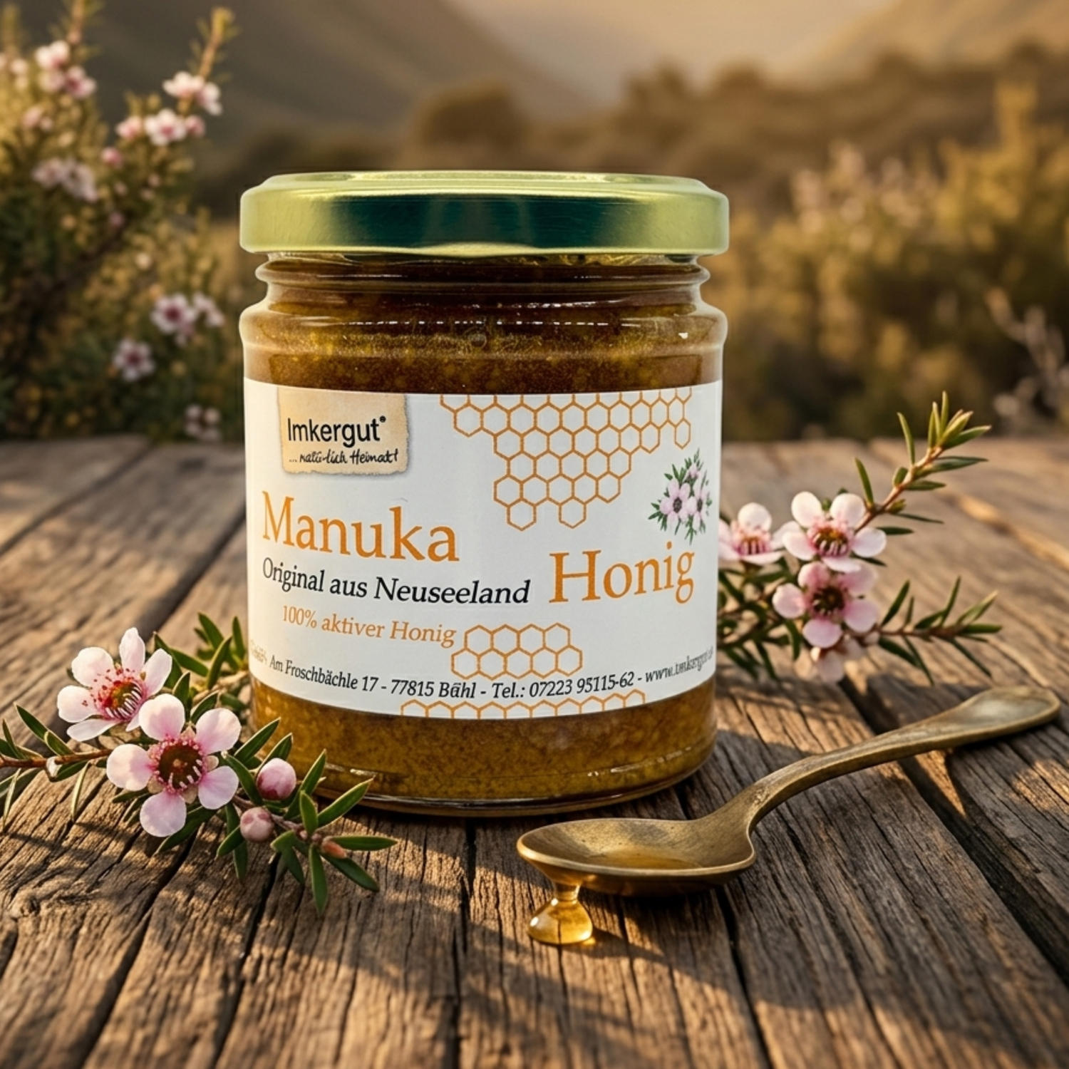 Manuka-Honig aus Neuseeland auf einem Holztisch mit einem goldenen Löffel daneben und Manuka-Blüten.