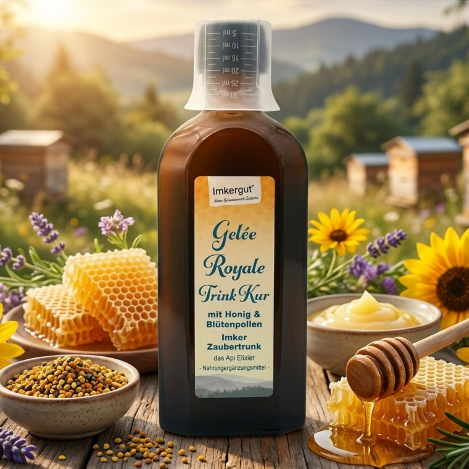 Gelée Royale Trink Kur mit Honig & Blütenpollen (natürliches Nahrungsergänzungsmittel) auf einem Tisch mit einer Blütenwiese und Bienenstöcken im Hintergrund. 