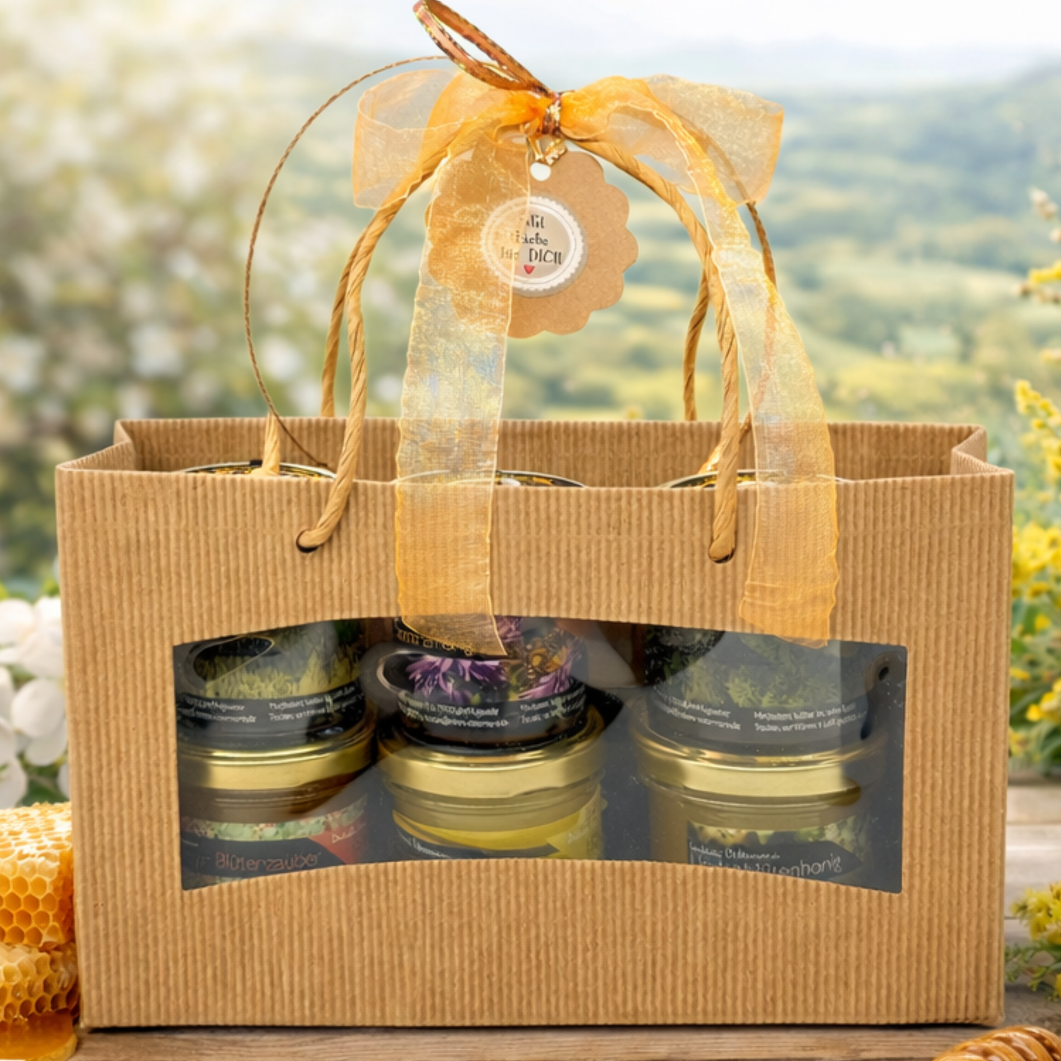 Honig-Geschenk-Set der Imkerei Ostermann. 6 Honiggläser in einer Tragetasche verpackt mit Schleife und Gruß-Anhänger.