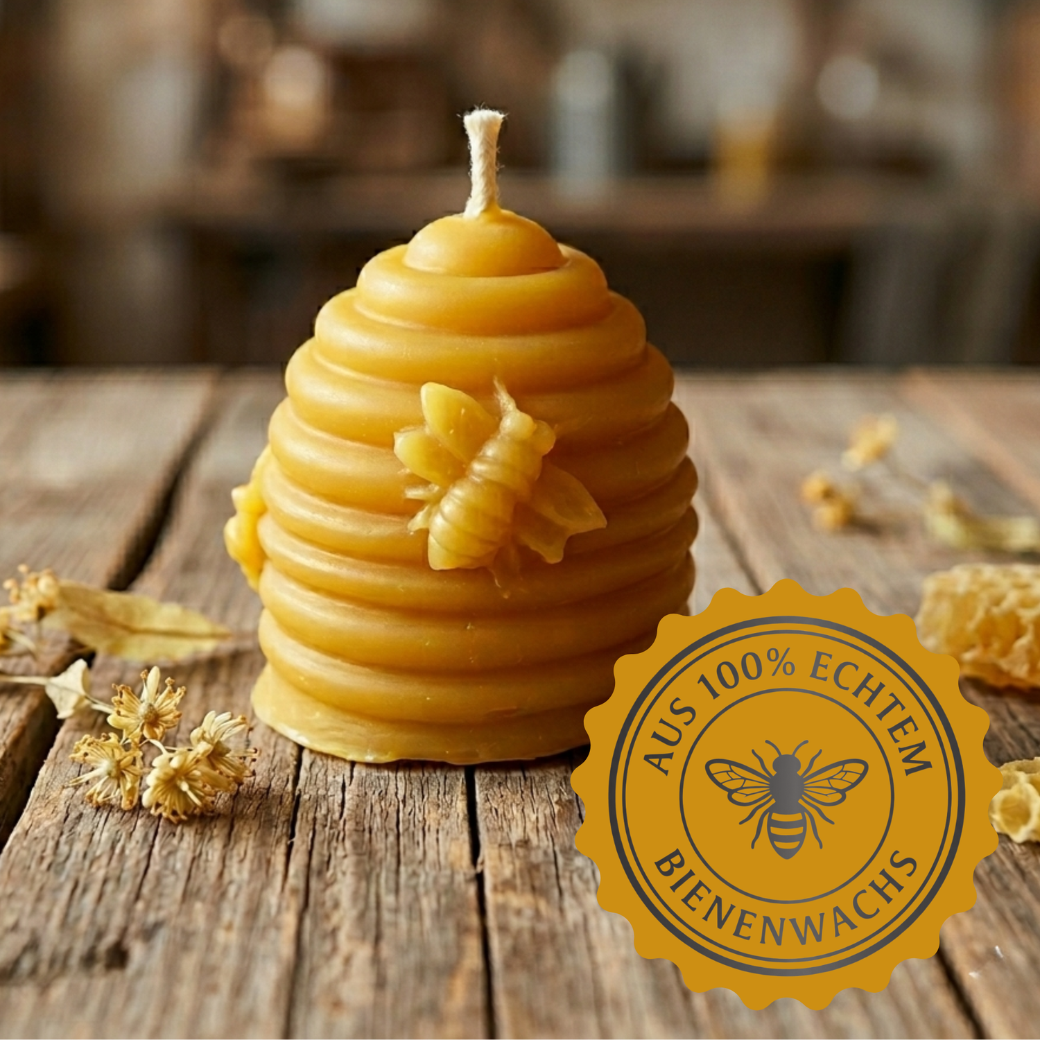 Handgegossene Bienenwachskerze in Form eines Bienenkorbs mit Biene aus 100% echtem Bienenwachs der Imkerei Ostermann in Lahr Schwarzwald.