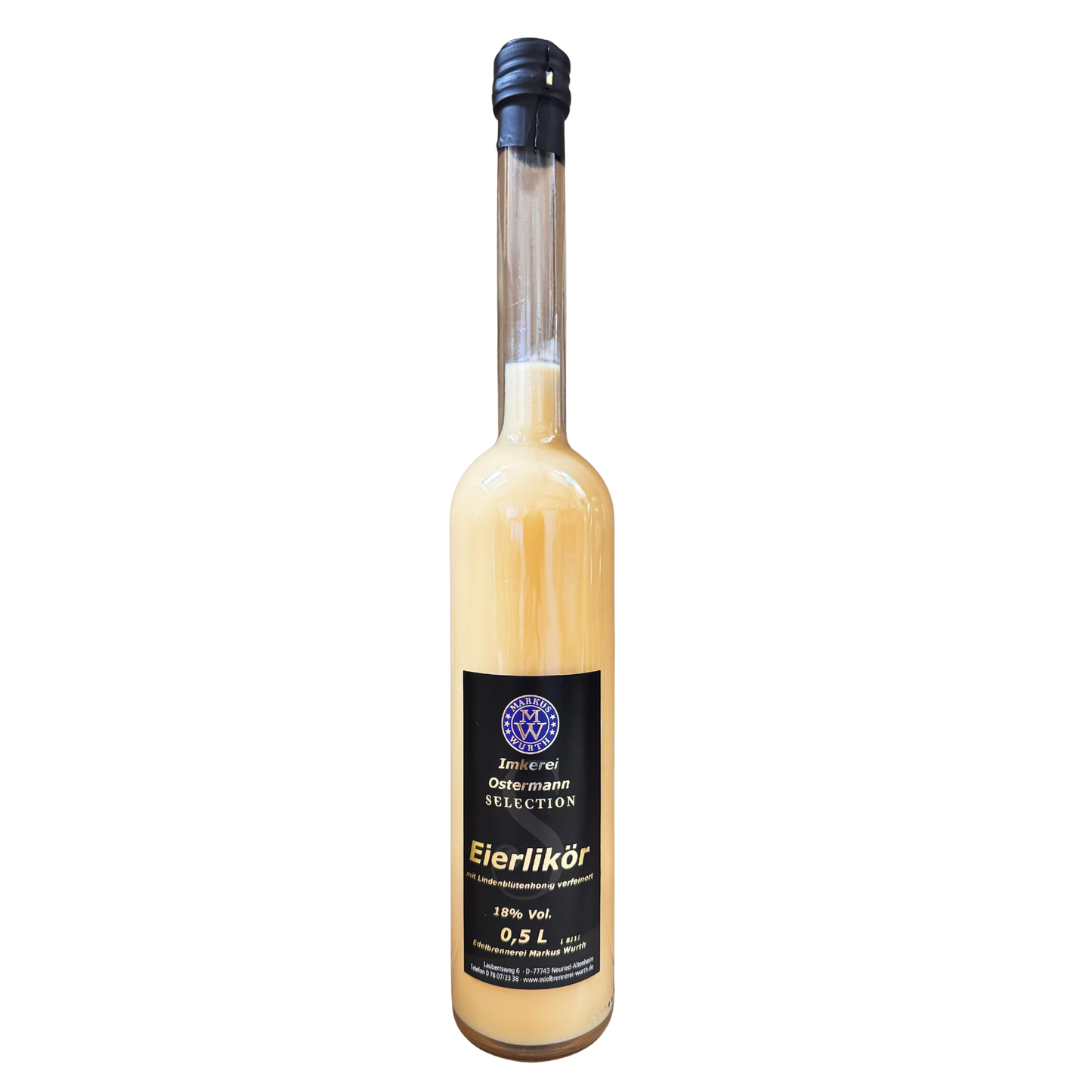 Eierlikör mit Lindenblütenhonig – hergestellt in Zusammenarbeit mit der Edelbrennerei Wurth und Honig aus der Imkerei Ostermann, in einer edlen 0,5l Flasche. 
