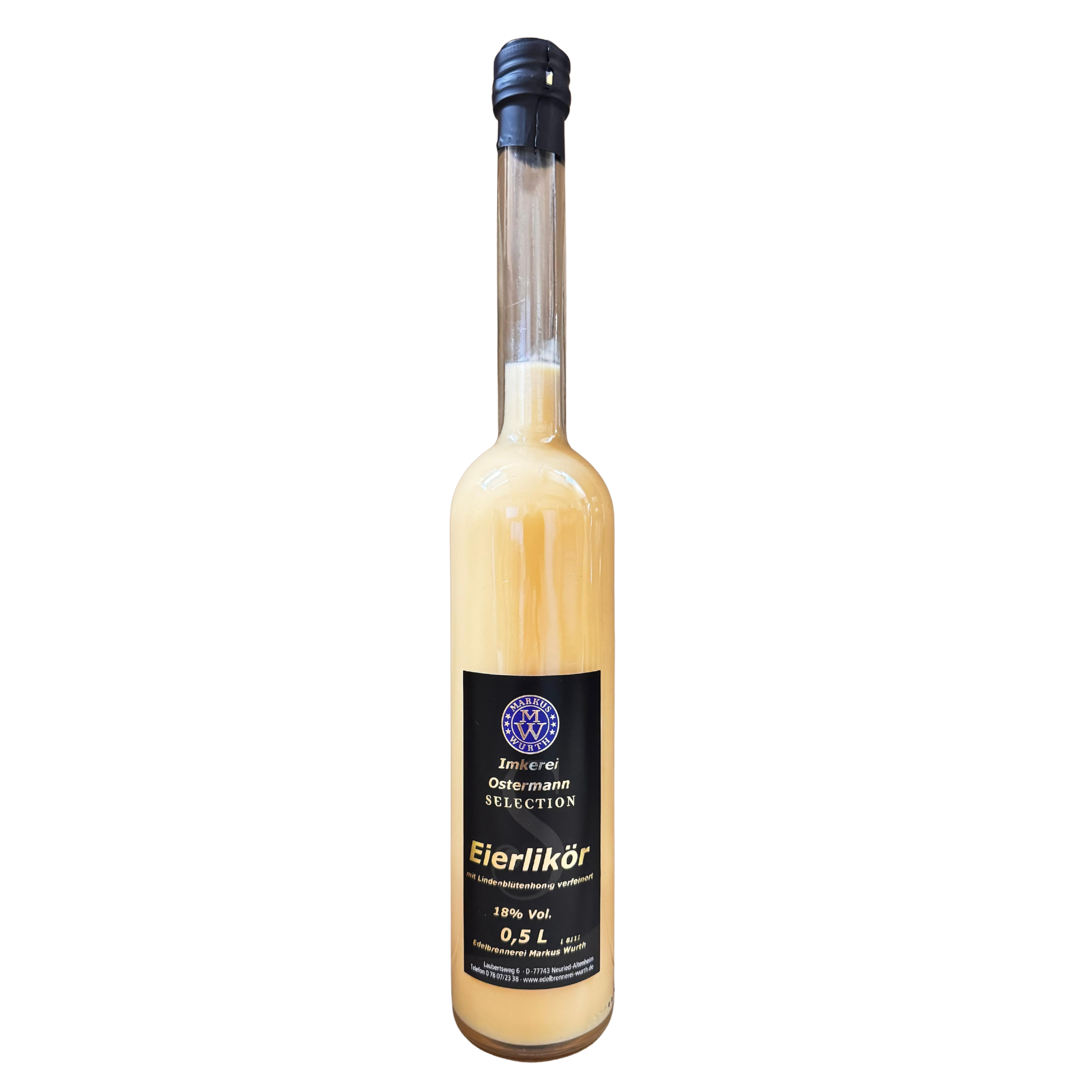 Eierlikör mit Lindenblütenhonig – hergestellt in Zusammenarbeit mit der Edelbrennerei Wurth und Honig aus der Imkerei Ostermann, in einer edlen 0,5l Flasche. 