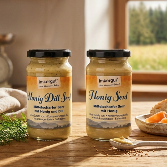 Honig-Senf-Duo von der Imkerei Ostermann, bestehend aus 200g Honig Senf und 200g Honig-Dill Senf. Zwei Senf-Gläser auf einem Holztisch mit einem Schälchen Lachs und Brot als Dekoration. 