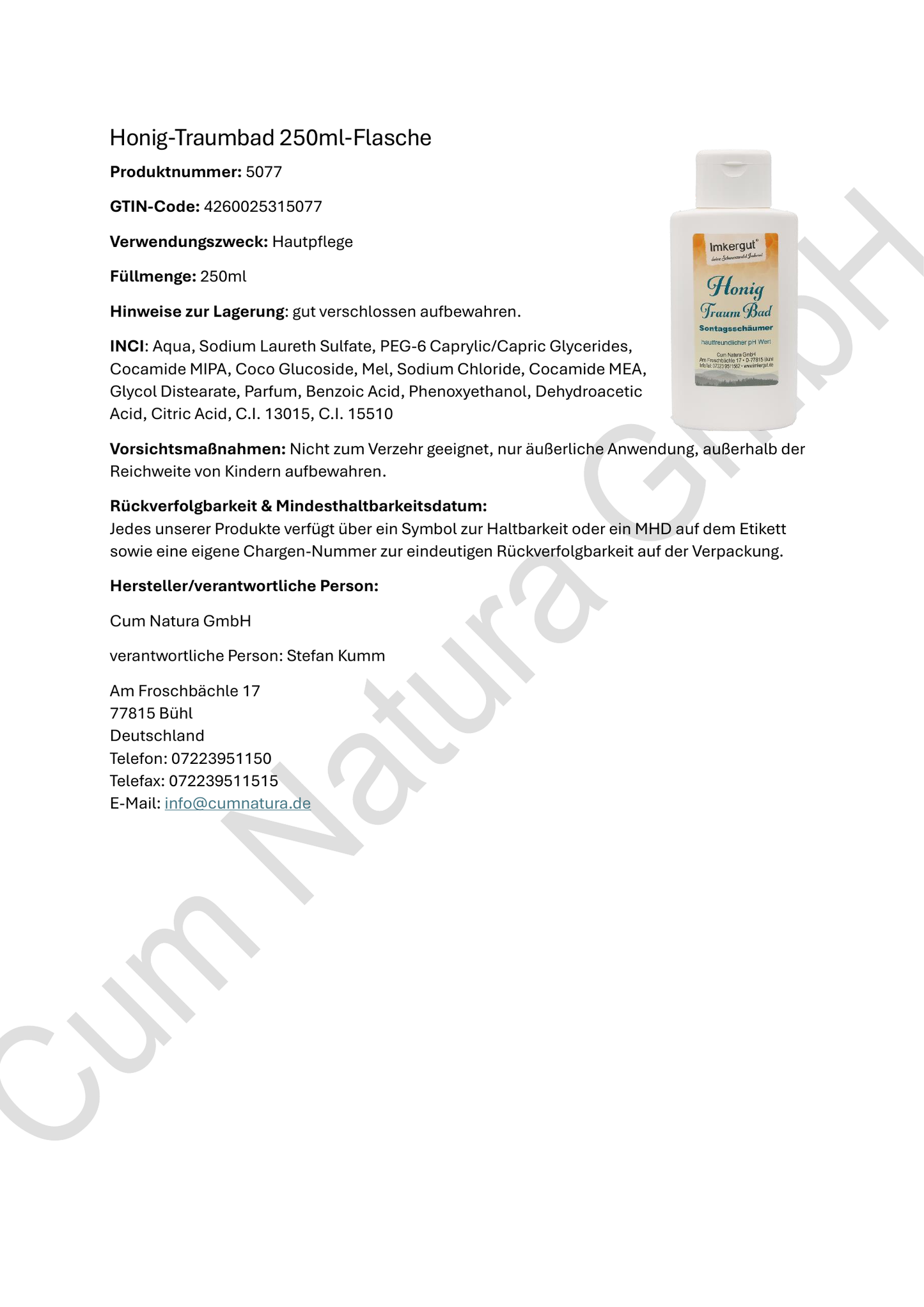 Produktdatenblatt Honig Traumbad