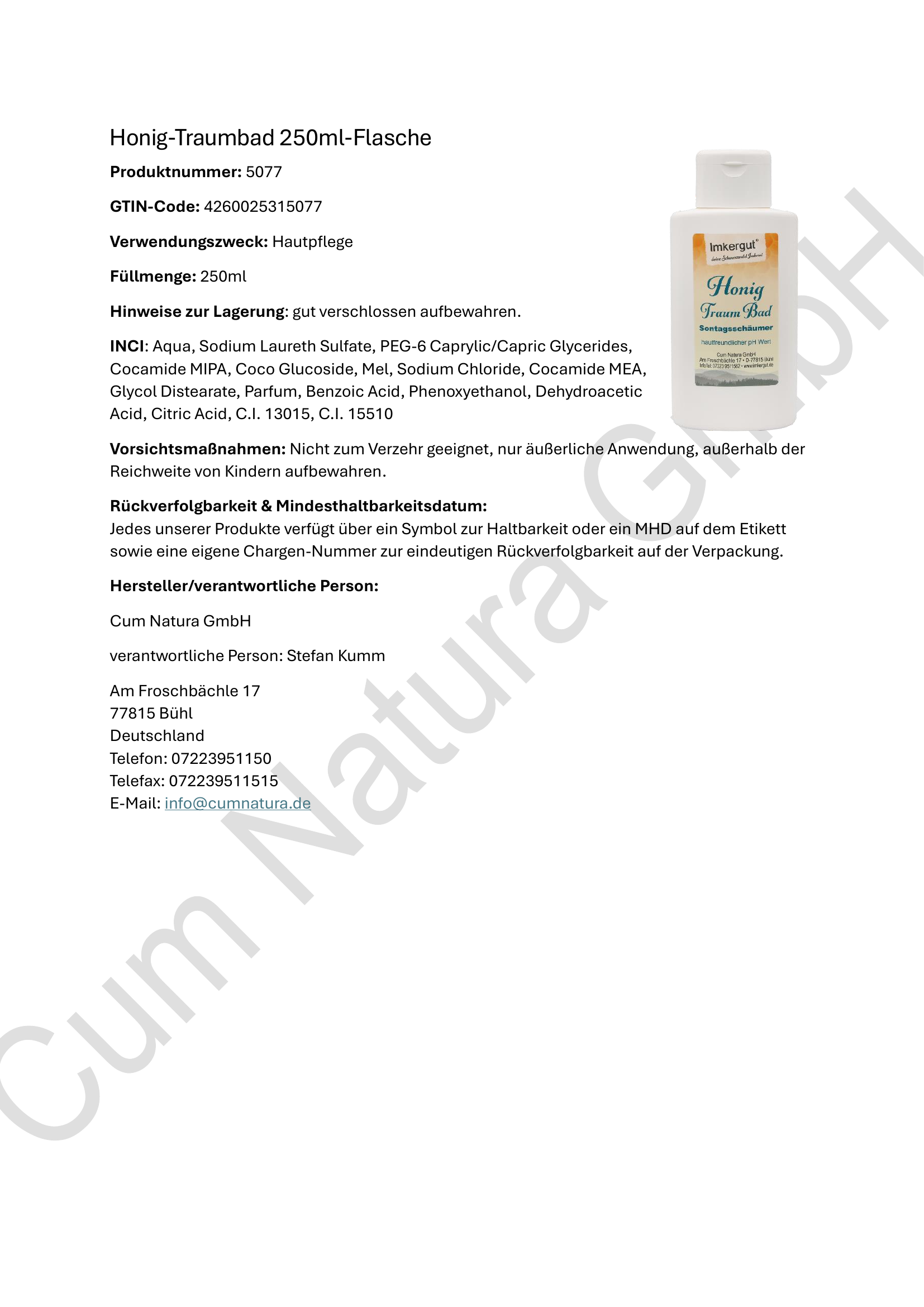 Produktdatenblatt Honig Traumbad