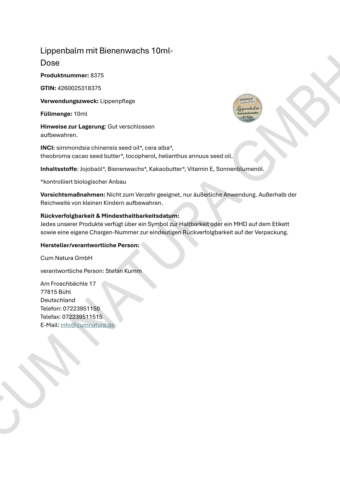 Produktdatenblatt Lippenbalm mit Bienenwachs, in 10ml-Dose / Kussschatulle