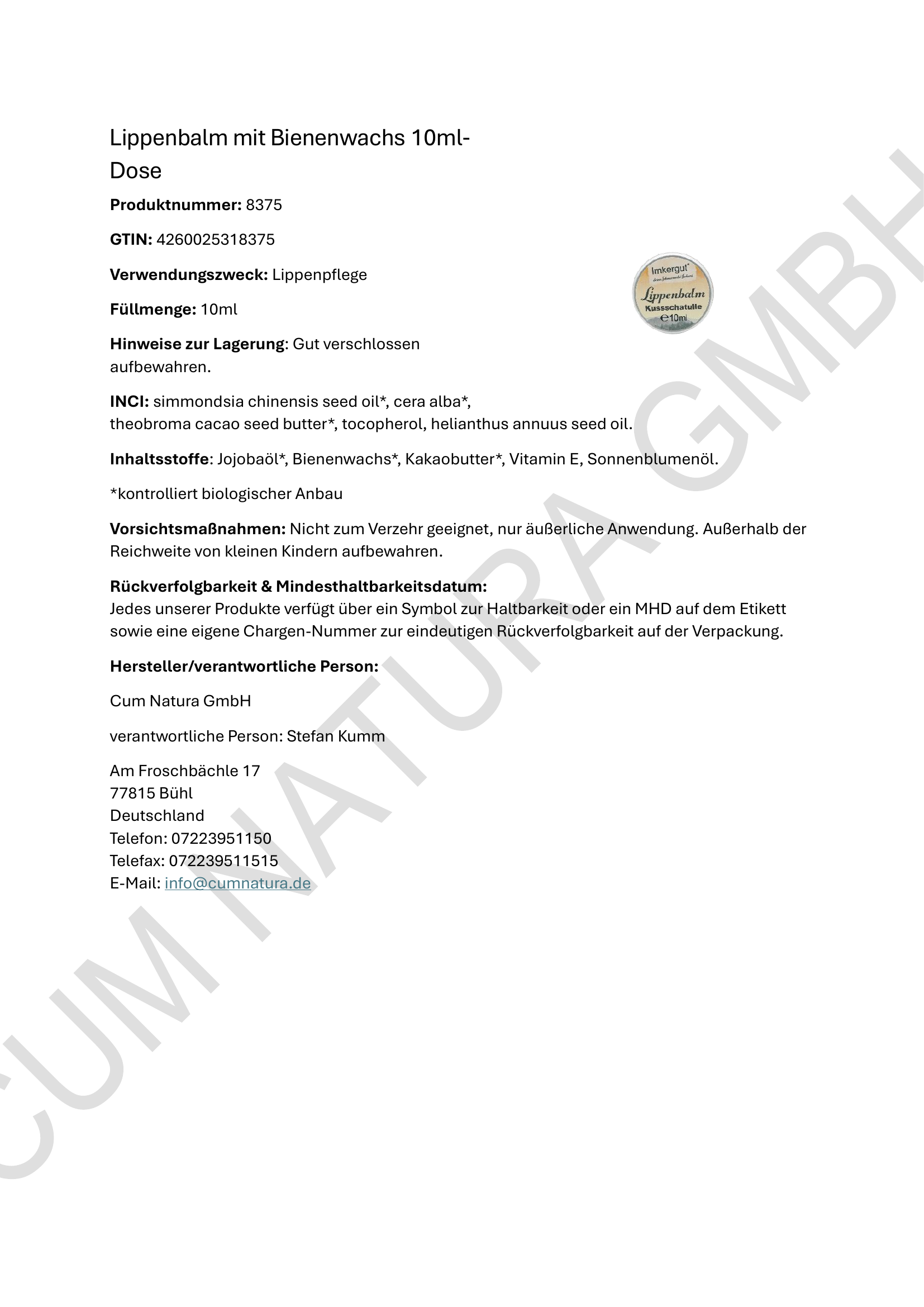 Produktdatenblatt Lippenbalm mit Bienenwachs, in 10ml-Dose / Kussschatulle