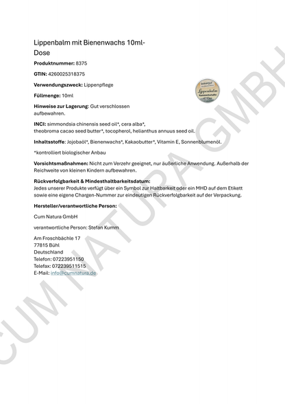 Produktdatenblatt Lippenbalm mit Bienenwachs, in 10ml-Dose / Kussschatulle