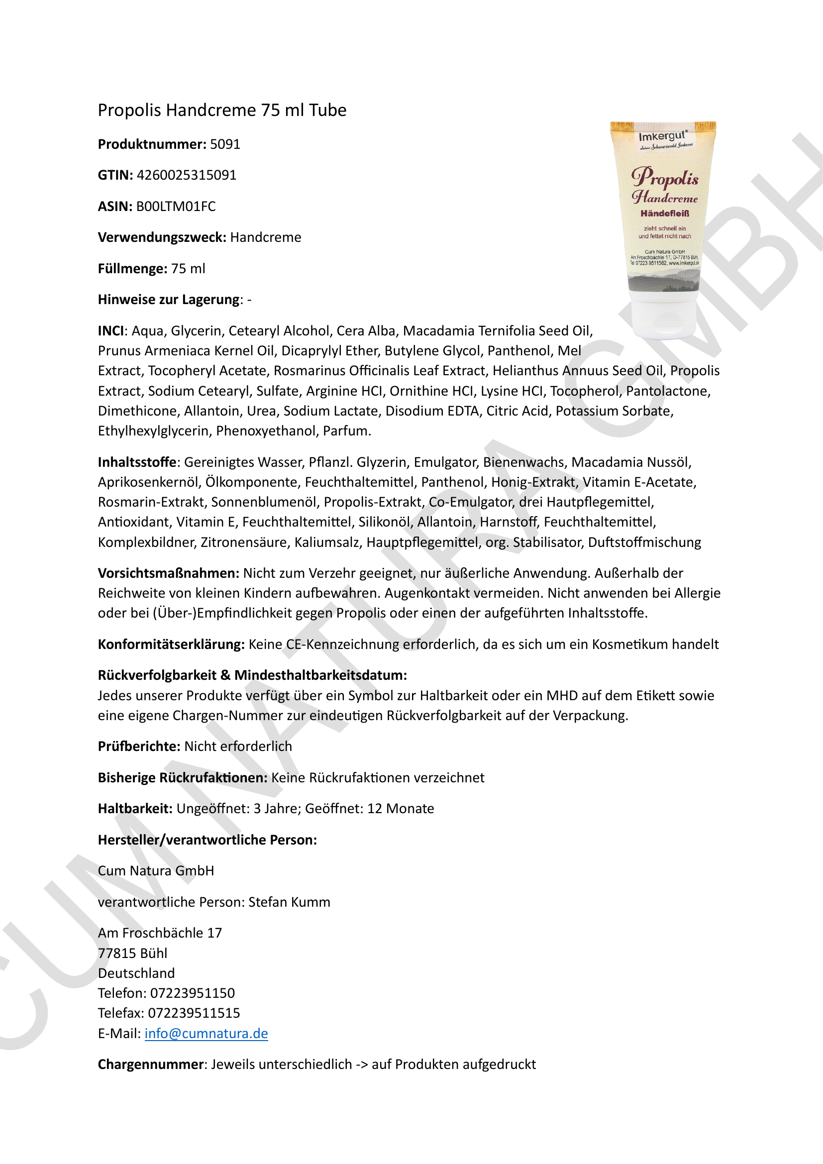 Produktdatenblatt Propolis Handcreme 72ml Tube