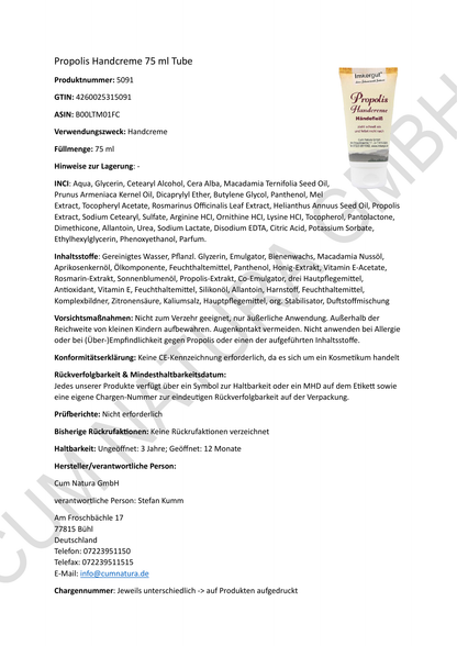 Produktdatenblatt Propolis Handcreme 72ml Tube