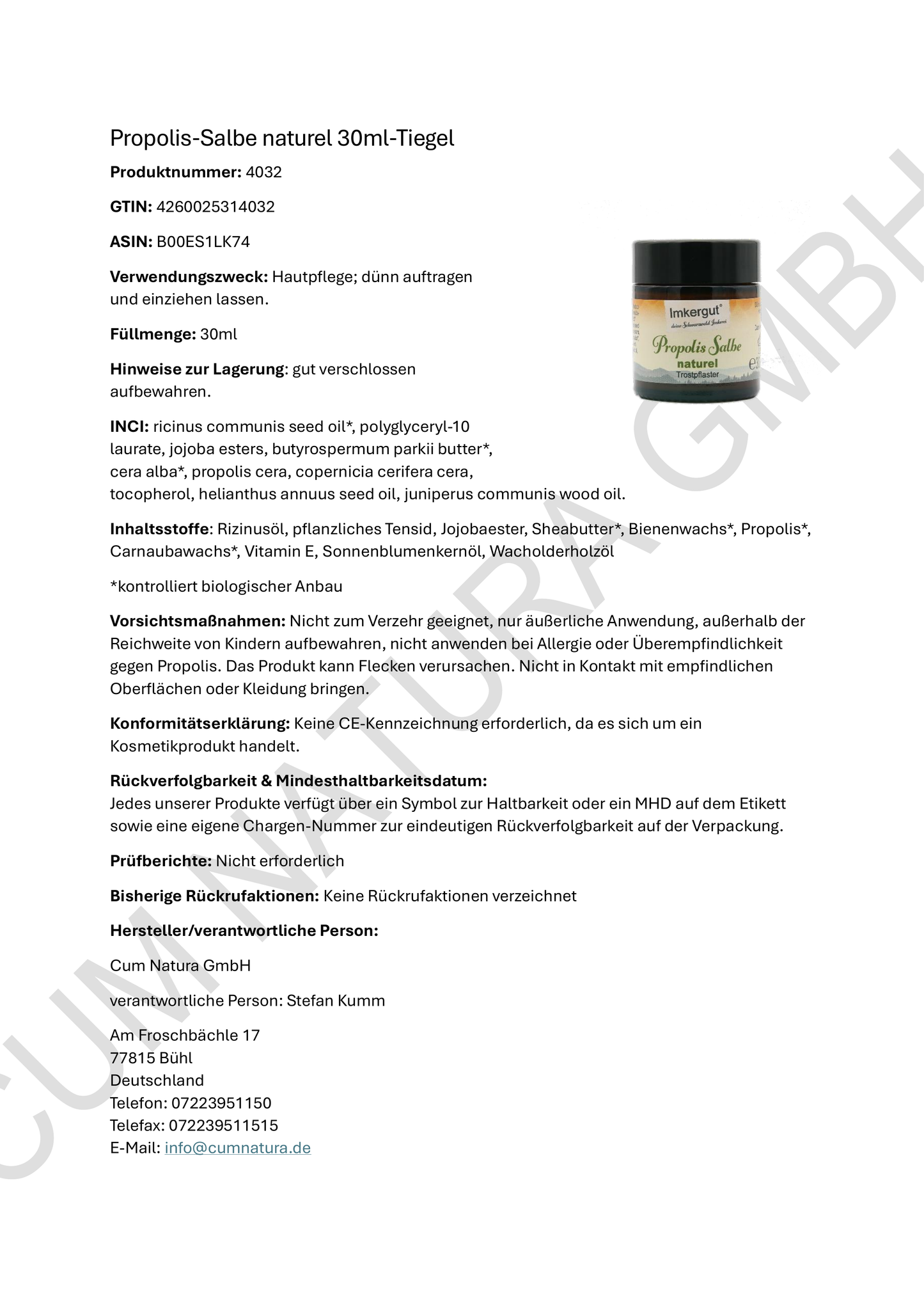 Produktdatenblatt Propolis Salbe naturel