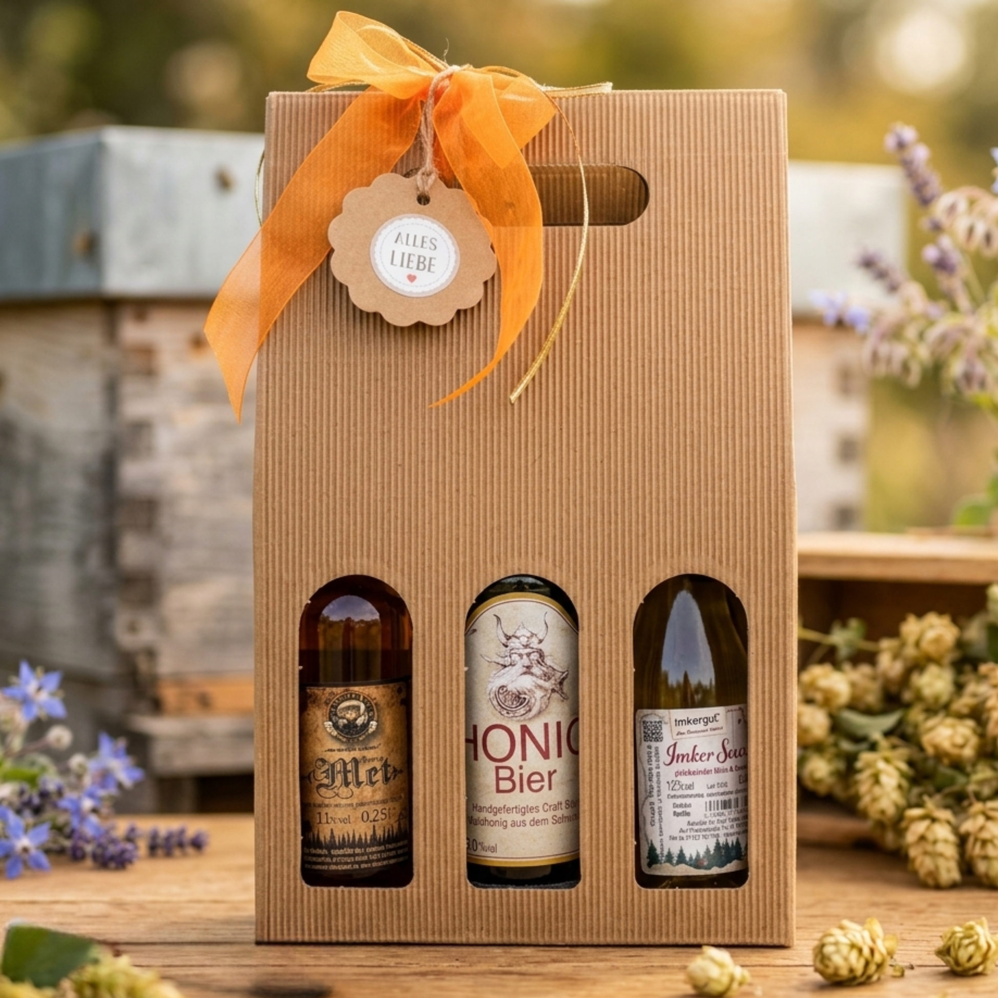 Geschenkset in edler Verpackung der Imkerei Ostermann, bestehend aus: Honig-Met, Honig Bier und Imker Secco. Das Geschenkset steht auf einem Tisch mit Bienenstöcken und Blumendeko.
