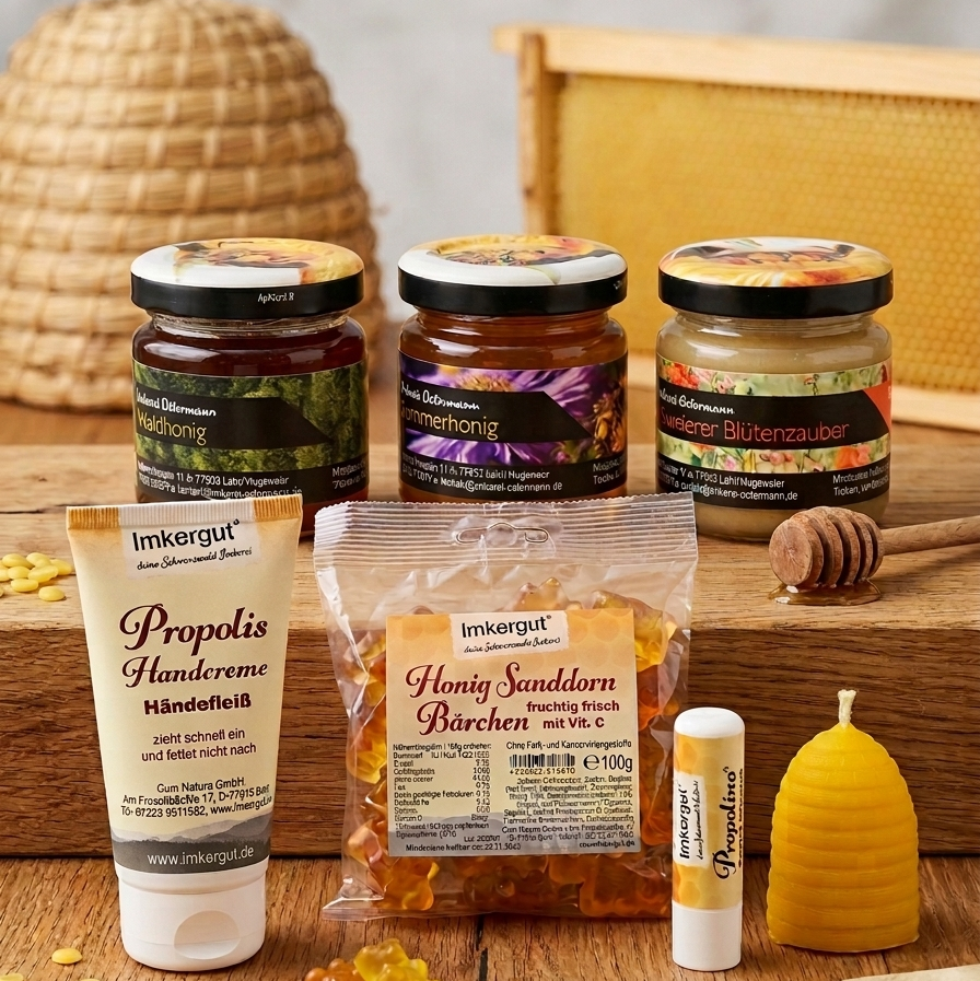 Ein Blick auf das "Kleine Kennlernpaket" der Imkerei Ostermann, präsentiert auf einem rustikalen Holzbrett vor einem Bienenkorb. Es zeigt drei 50g Gläser regionalen Honigs (Waldhonig, Sommerhonig, Hugsweierer Blütenzauber), einen Beutel Honig-Sanddorn-Bärchen, eine Tube Propolis-Handcreme, einen Propolino-Lippenpflege-Stift und eine Bienenwachskerze in Bienenkorb-Form. 