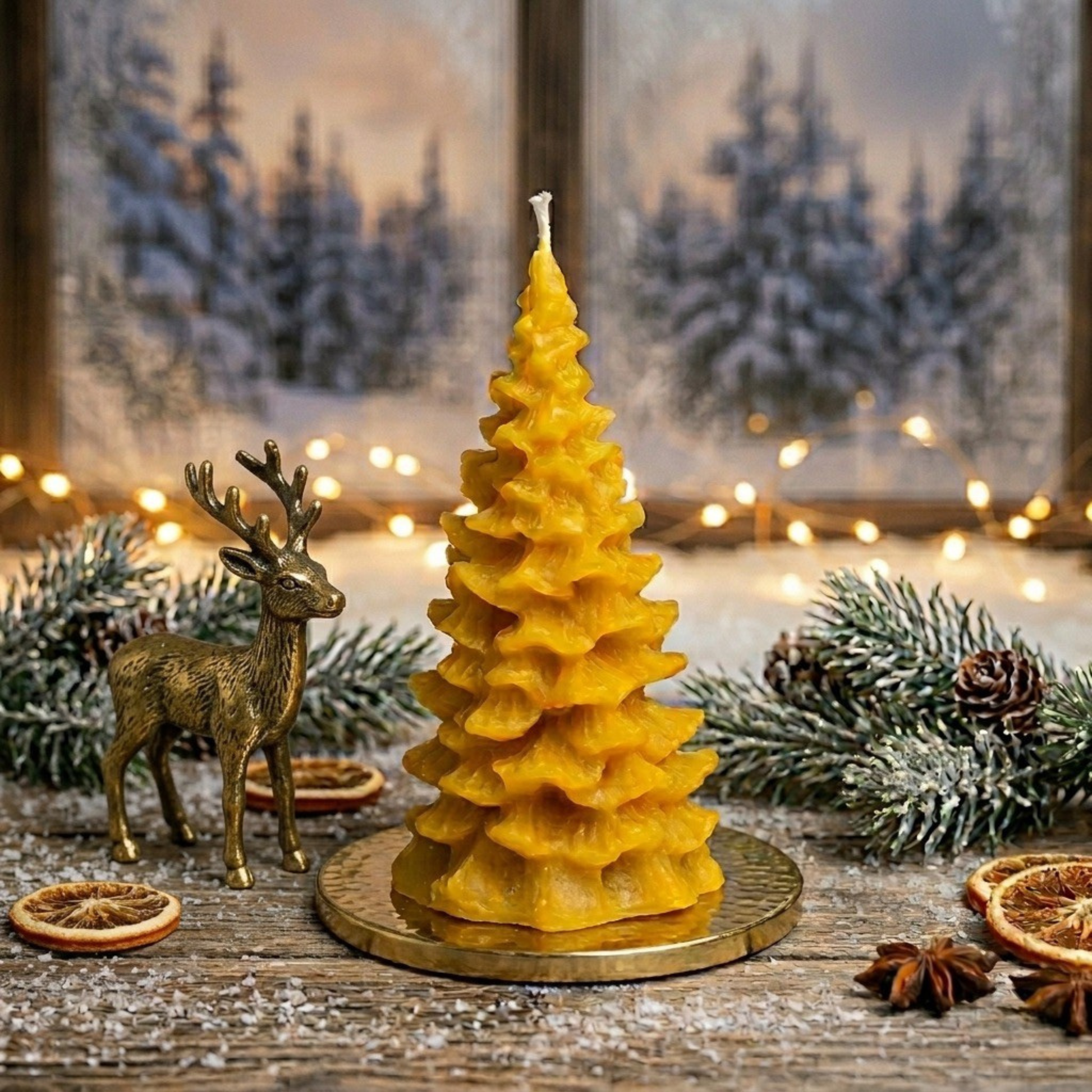 Handgegossene Bienenwachskerze in Form eines Tannenbaums (groß) mit weihnachtlicher Deko. Außenrum Tannenzweige, getrocknete Orangenscheiben, Sternanis. Links ein goldener Hirsch, im Hintergrund eine Lichterkette und ein Fenster mit verschneiter Winterlandschaft. 