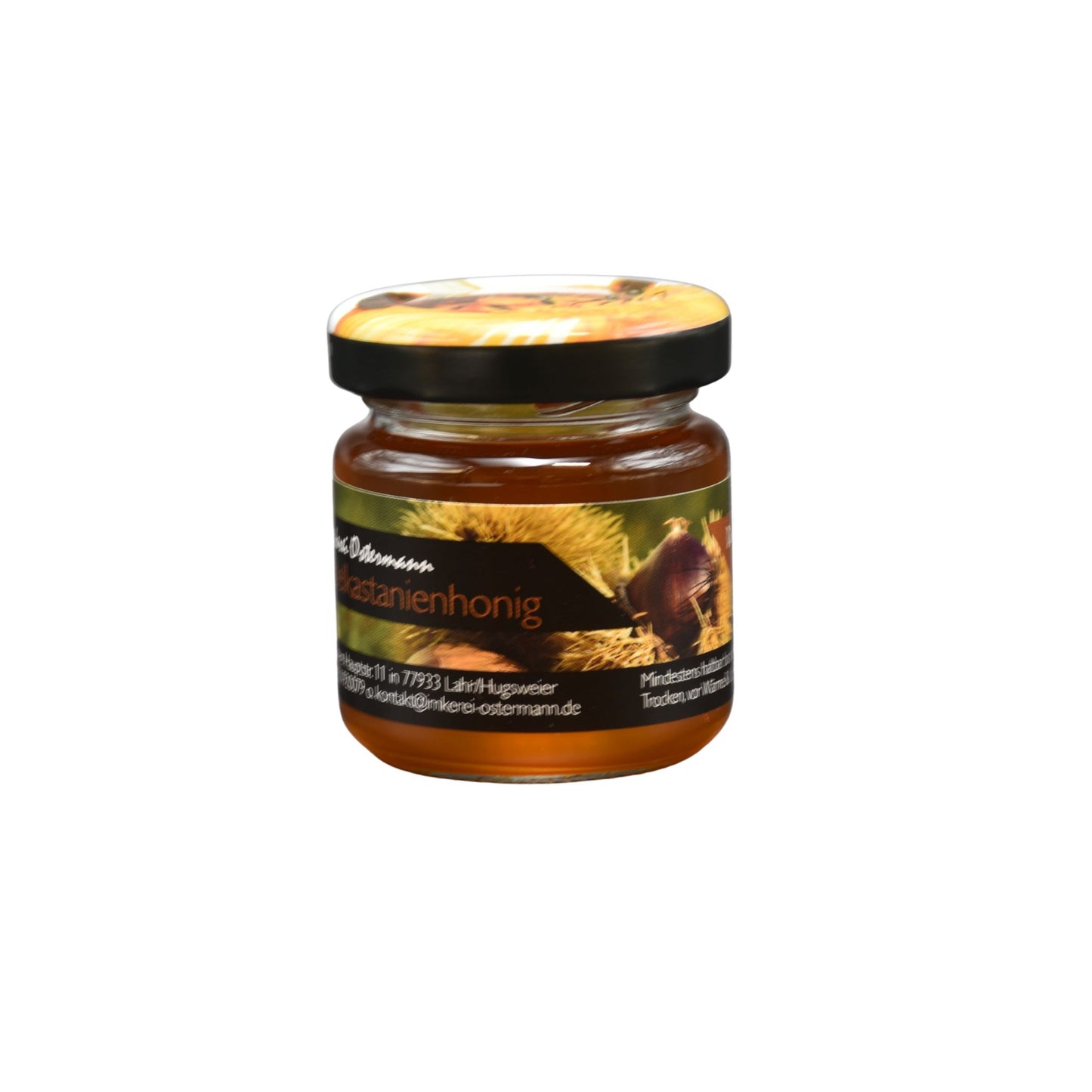 Dunkler, herber Edelkastanienhonig im 50g Mini-Glas der Imkerei Ostermann – ein kräftiges Gastgeschenk für Genießer.