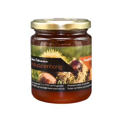 Herb-würziger Edelkastanienhonig aus der Region Baden im 340g Glas. Ein naturbelassener Genuss aus dem Schwarzwald für Kenner direkt von der Imkerei Ostermann. 