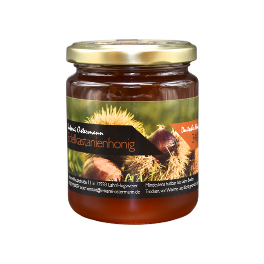 Herb-würziger Edelkastanienhonig aus der Region Baden im 340g Glas. Ein naturbelassener Genuss aus dem Schwarzwald für Kenner direkt von der Imkerei Ostermann. 