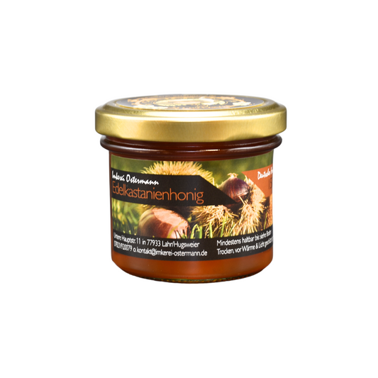 Herb-würziger Edelkastanienhonig aus der Region Baden im 150g Glas. Ein naturbelassener Genuss aus dem Schwarzwald für Kenner direkt von der Imkerei Ostermann. 