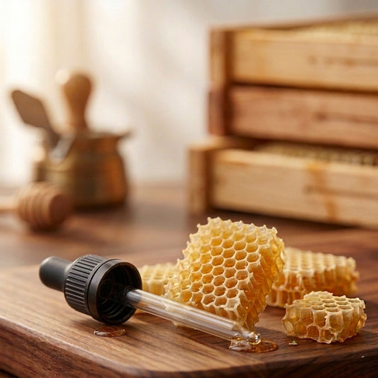 Hochwertige Glaspipette mit schwarzem Saugkopf auf einem Holztisch neben frischen Bienenwaben