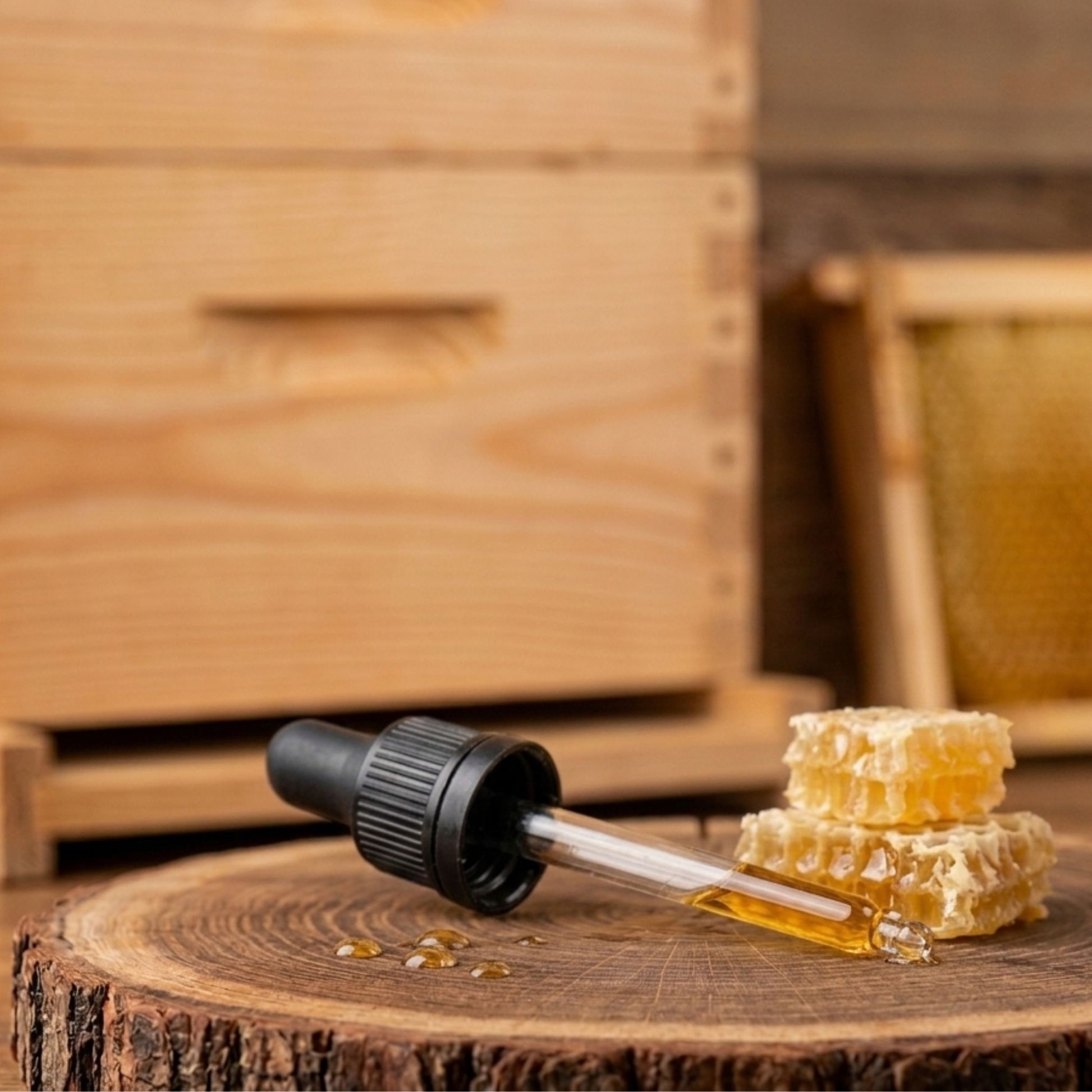 Hochwertige Glaspipette mit schwarzem Saugkopf auf einer rustikalen Holzscheibe neben frischen Bienenwaben vor einem Bienenstock-Hintergrund.