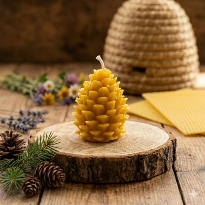 Handgemachte Bienenwachskerze in Tannenzapfen-Form, stehend auf einer rustikalen Holzscheibe, umgeben von einem traditionellen Stroh-Bienenkorb, Lavendel, Wiesenblumen und Bienenwachsplatten in einer warmen Holzumgebung.