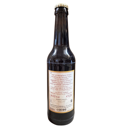 Rückseite des Honig Biers mit Schwarzwälder Waldhonig in der 0,33l Flasche