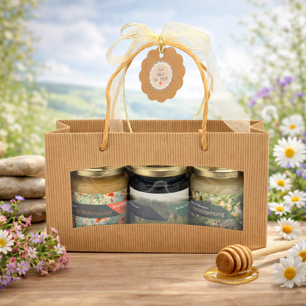 Honig-Dreierlei Geschenkset der Imkerei Ostermann mit drei 340g Gläsern Imkerhonig in einer nachhaltigen Kartonverpackung