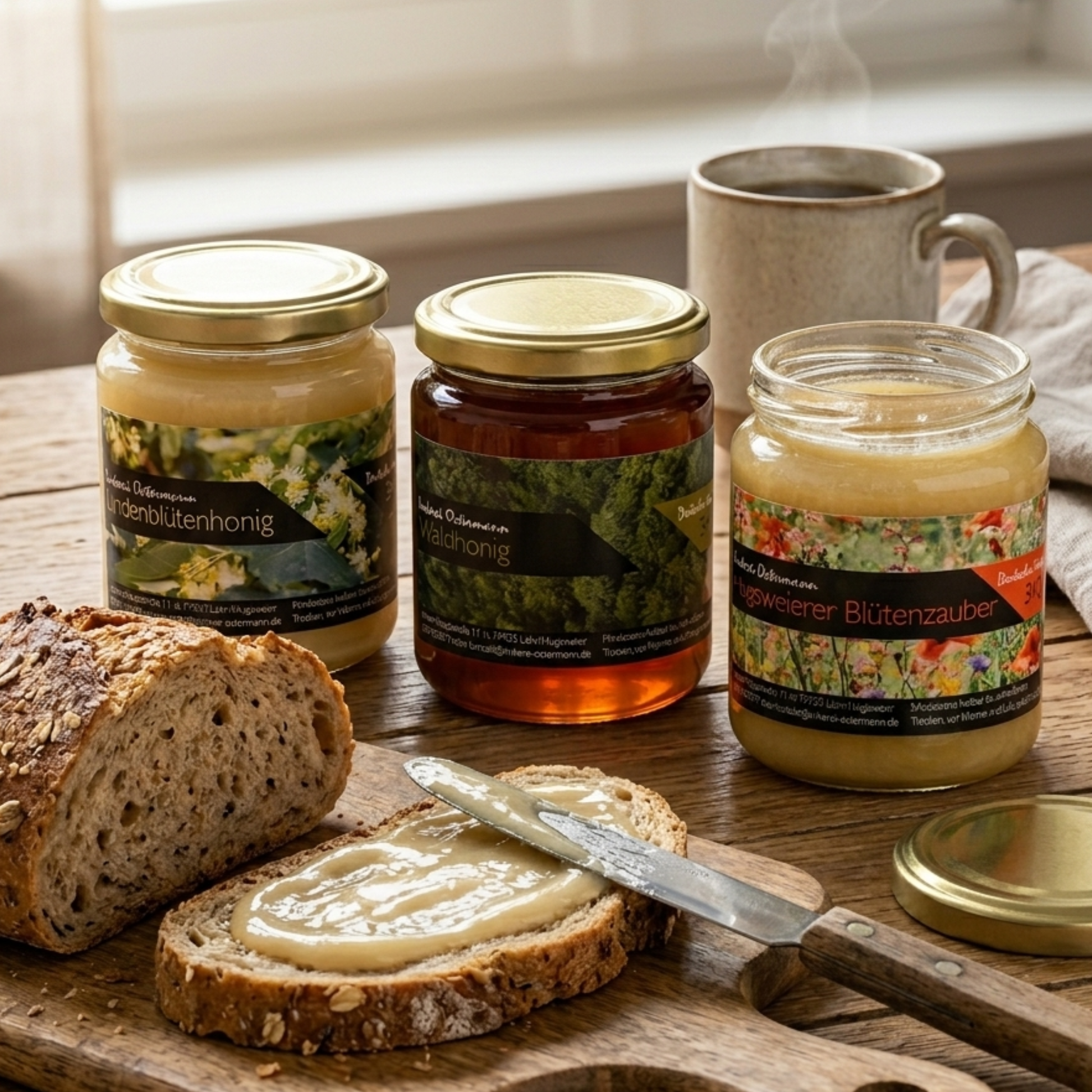 Lindenblütenhonig 340g, Waldhonig 340g und Blütenhonig 340g auf einem Frühstückstisch. Hinter den Gläsern eine Tasse duftender Kaffee, ein Brotleib und eine Schreibe Brot mit Honig. 