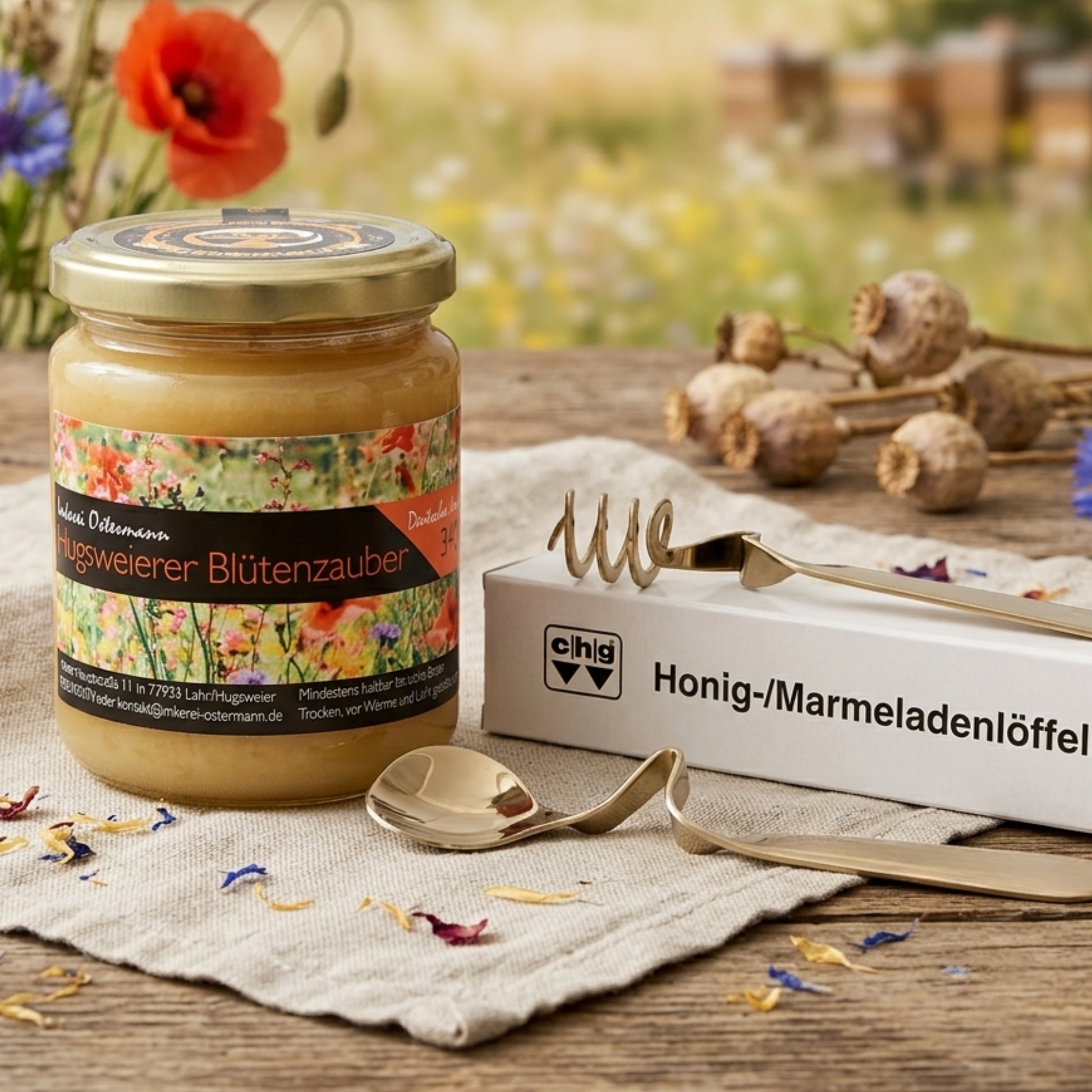 Honig-Profi-Set der Imkerei Ostermann, bestehend aus einem 340g Honigglas mit Honiglöffel & Honigspirale aus Edelstahl. 