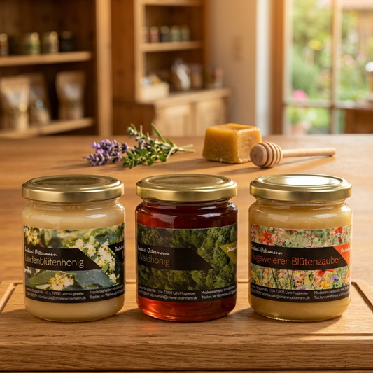 Lindenblütenhonig 340g, Waldhonig 340g und Blütenhonig 40g auf einem Holzbrett.