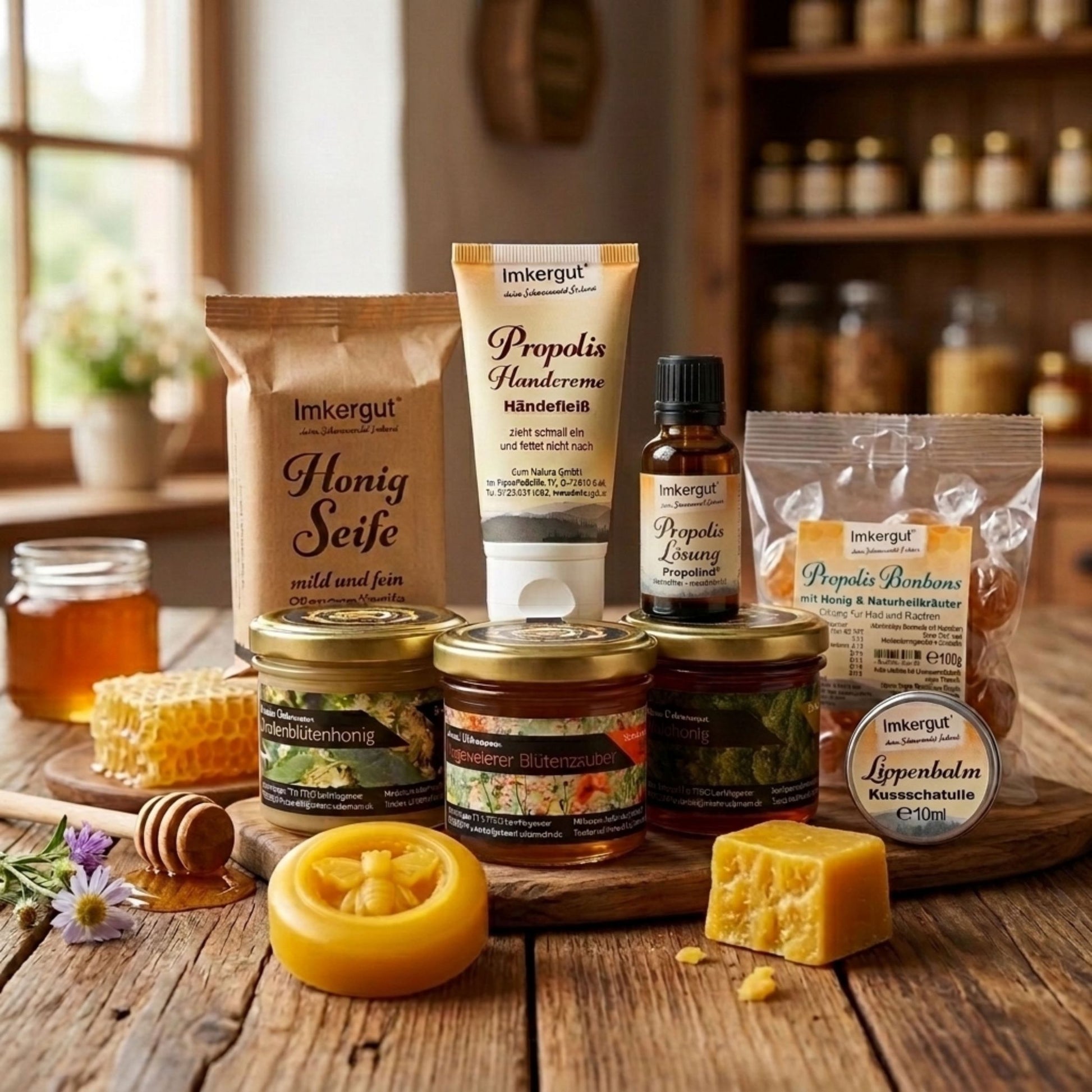 Produktfoto des mittleren Kennlernpakets der Imkerei Ostermann, das eine vielfältige Auswahl an Honigsorten, Propolis-Pflegeprodukten und Bienenwachsartikeln auf einem rustikalen Holztisch präsentiert, alles liebevoll arrangiert für einen authentischen Eindruck.