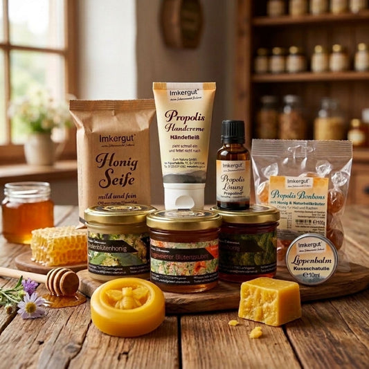 Produktfoto des mittleren Kennlernpakets der Imkerei Ostermann, das eine vielfältige Auswahl an Honigsorten, Propolis-Pflegeprodukten und Bienenwachsartikeln auf einem rustikalen Holztisch präsentiert, alles liebevoll arrangiert für einen authentischen Eindruck.