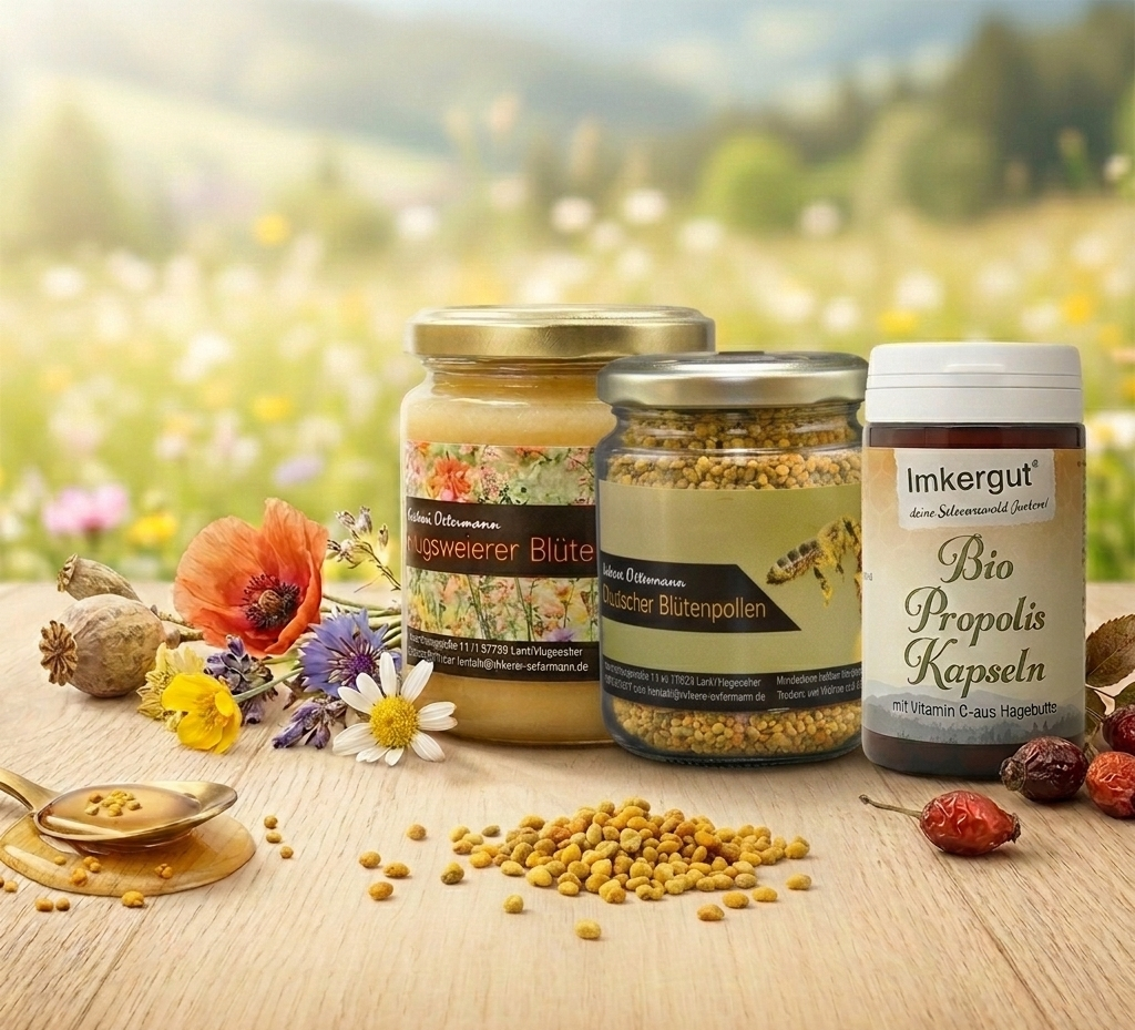 Fit durch den Frühling Bundle bestehend aus regionalem Honig, Bio Propolis Kapseln und deutschen Blütenpollen zur Stärkung des Immunsystems.