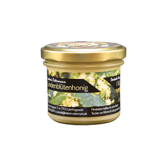 Lindenblütenhonig im 150g Glas aus nachhaltiger Bienenhaltung in Lahr-Hugsweier, naturbelassen und handabgefüllt von der Imkerei Ostermann.