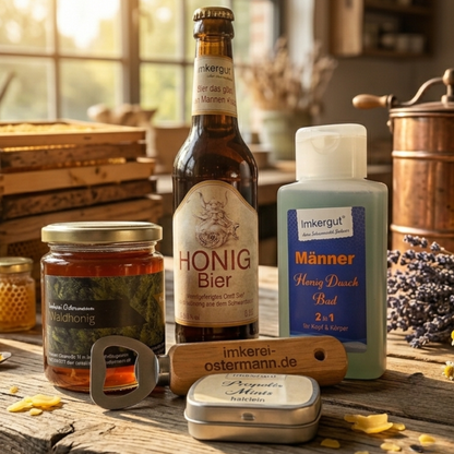 Männer-Geschenkset "Honig & Hopfen" der Imkerei Ostermann, bestehend aus: Honigbier, 340g Waldhonig, Männer Honig Dusch Bad für Kopf und Körper, Propolis Minis, Flaschenöffner mit Holz-Griff und Branding der Imkerei Ostermann.