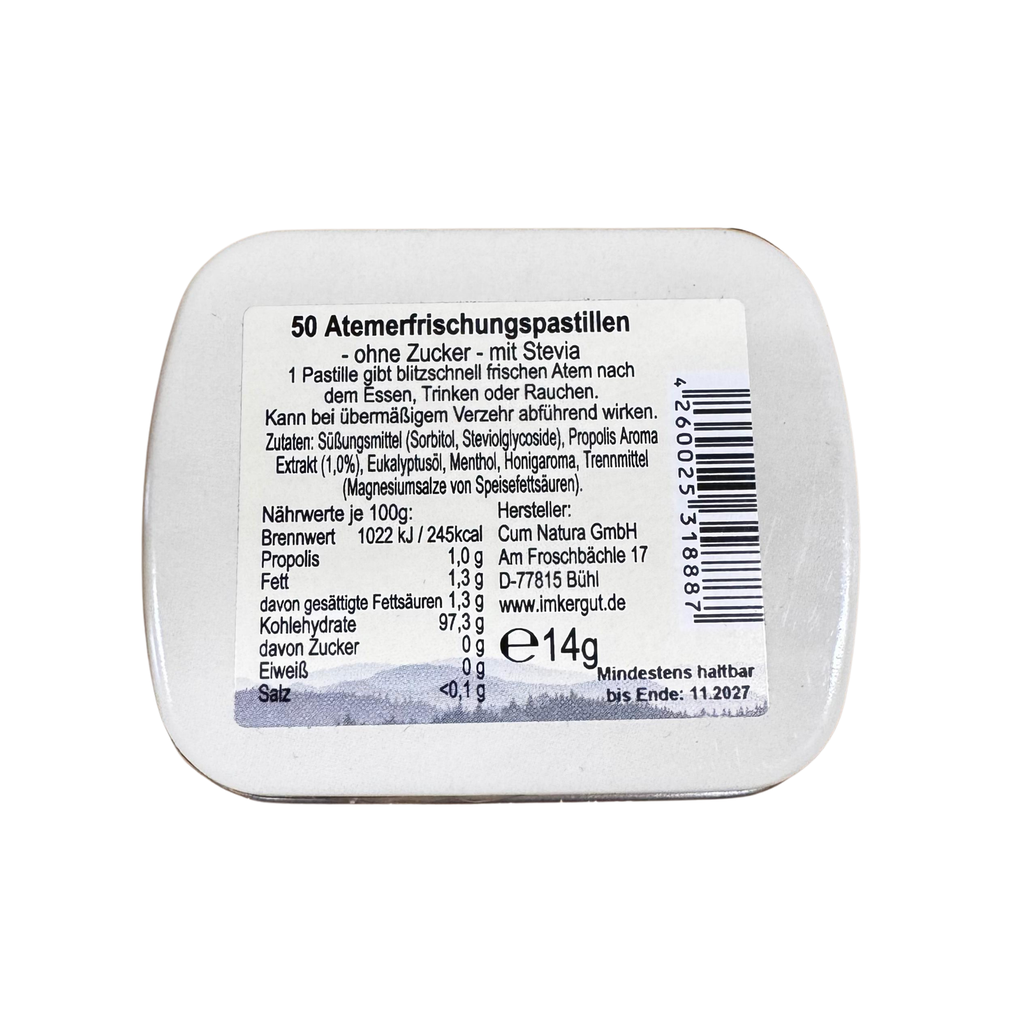 Propolis Mints in kleiner Metalldose (14g - 50 Atemfrischungspastillen) - Rückseite der Metalldose mit Etikett und Inhaltsstoffen.