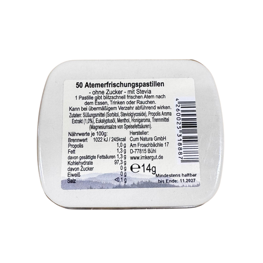 Propolis Mints in kleiner Metalldose (14g - 50 Atemfrischungspastillen) - Rückseite der Metalldose mit Etikett und Inhaltsstoffen.