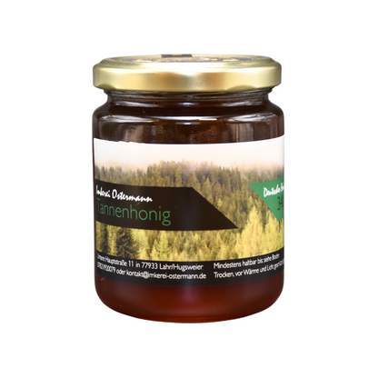 Schwarzwälder Tannenhonig im 340g Glas, eine seltene Spezialität direkt von der Imkerei Ostermann.