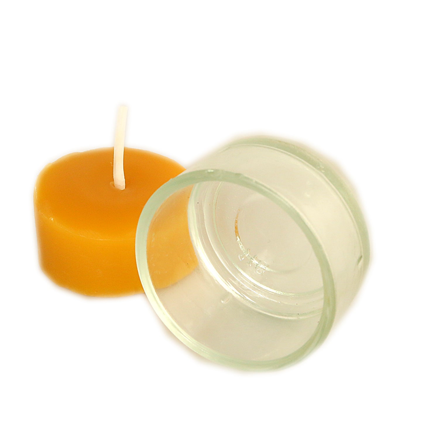 Transparentes Teelicht-Glas aus Klarglas für handgegossene Bienenwachskerzen, Maße 40mm x 25mm mit einem Bienenwachsteelicht als Deko (nicht im Lieferumfang enthalten!)