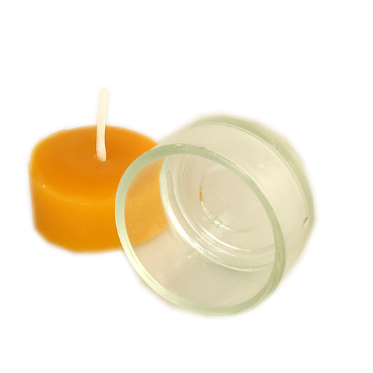 Transparentes Teelicht-Glas aus Klarglas für handgegossene Bienenwachskerzen, Maße 40mm x 25mm mit einem Bienenwachsteelicht als Deko (nicht im Lieferumfang enthalten!)